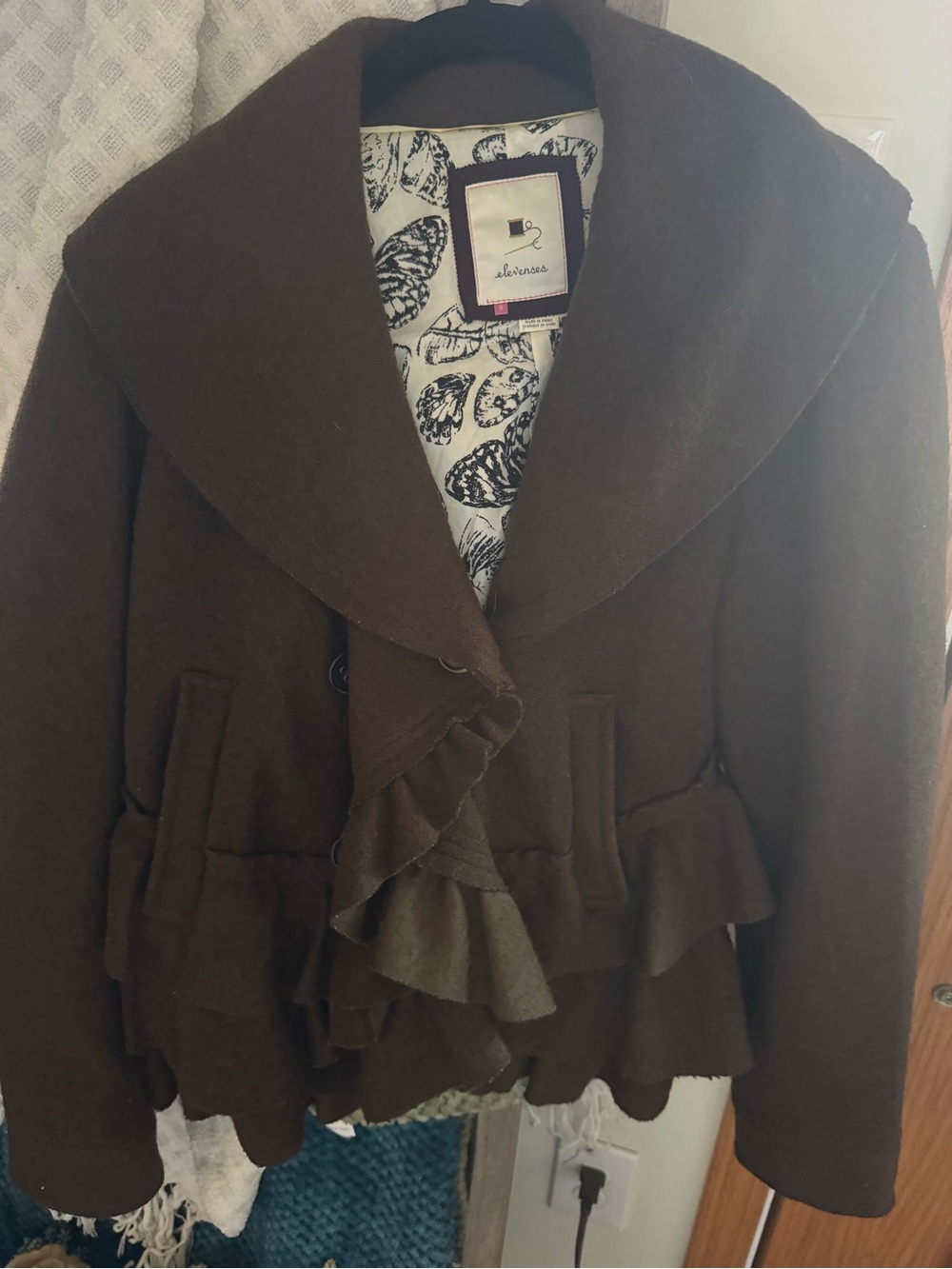 elevenses Chocolate Brown Wool Ruffle Peacoat